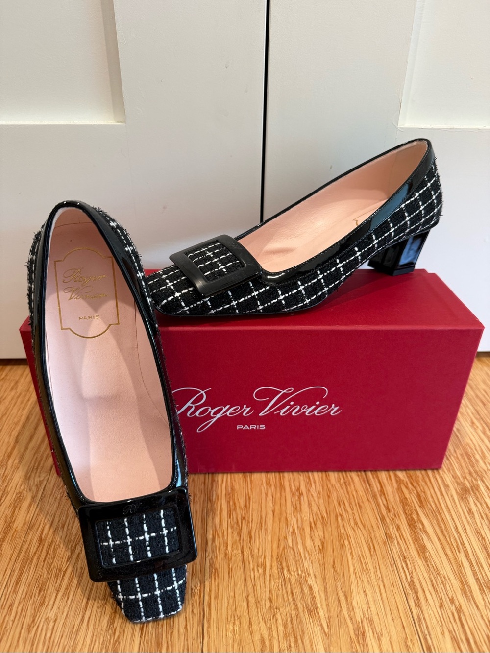 Roger Vivier Black Tweed Patent Buckle Low Block Heel Pumps